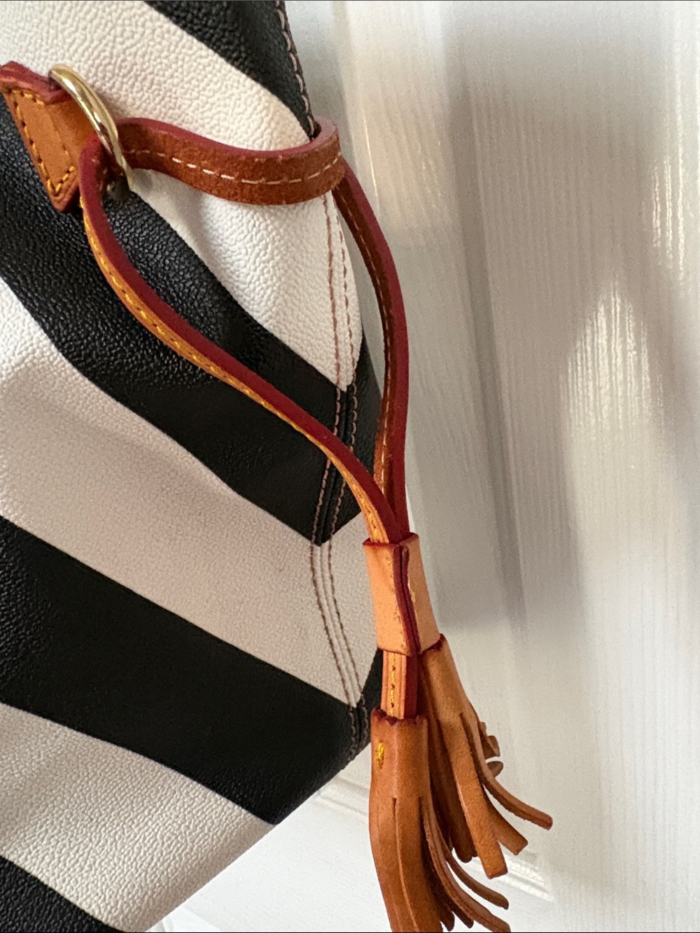 Dooney & Bourke Black and White Chevron Tote with Brown Trim - Picture 6 of 15